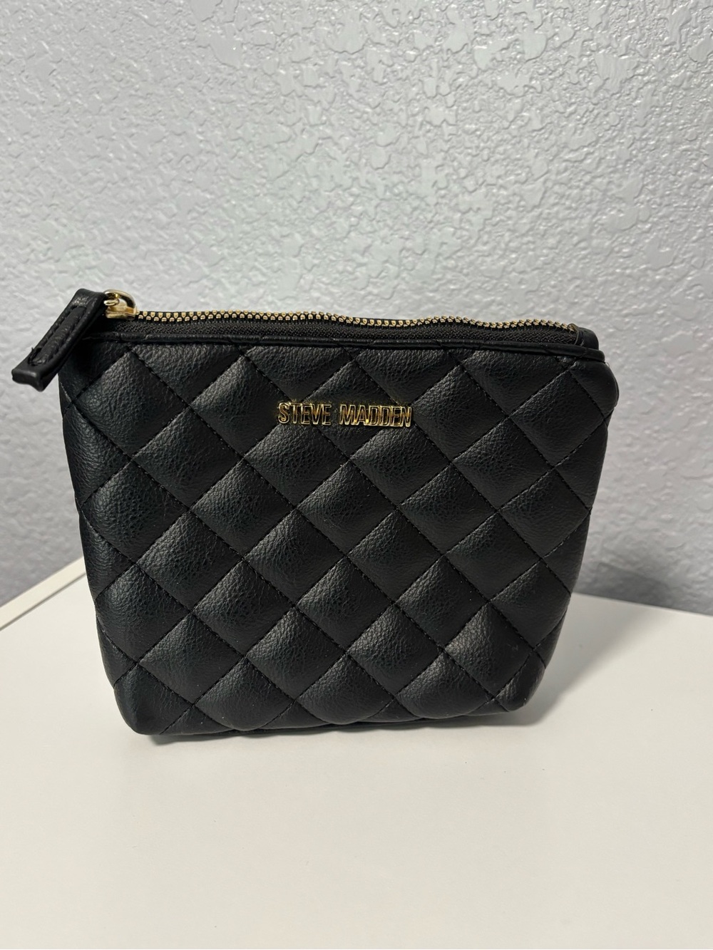 Steve Madden Black Quilted Cosmetic Pouch with Gold Hardware